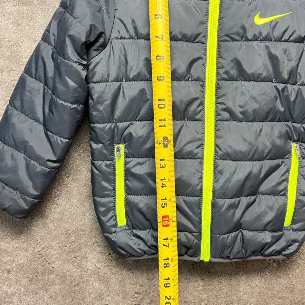 Nike Kids Puffer Jacket Grey Neon Yellow Hooded Full Zip Size 4 XS 3-4 Years
